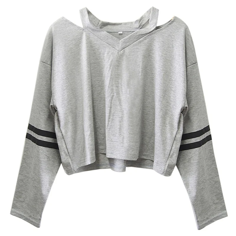 

2018 Autumn T Shirt Women Striped sleeve Crop Tops Tunic Hollow Out V-neck Long Sleeve Tshirt Women Casual Top camiseta feminina