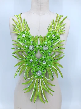 

Sew on green patches lace applique 51*28cm with hand sewing stones peal for dress DIY accessories