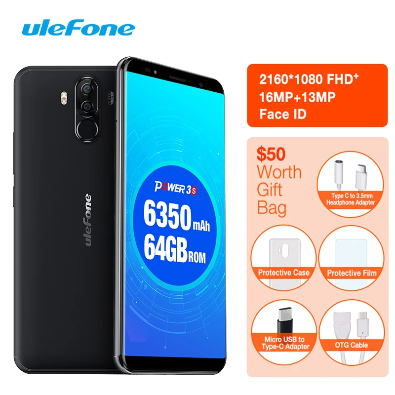 

Ulefone Power 3S 6.0 "18: 9 FHD + 4GB 64GB Mobile Phone Octa Core Android 7.1 6350mAh MTK6763 16MP 4 Camera Face ID 4G OTG