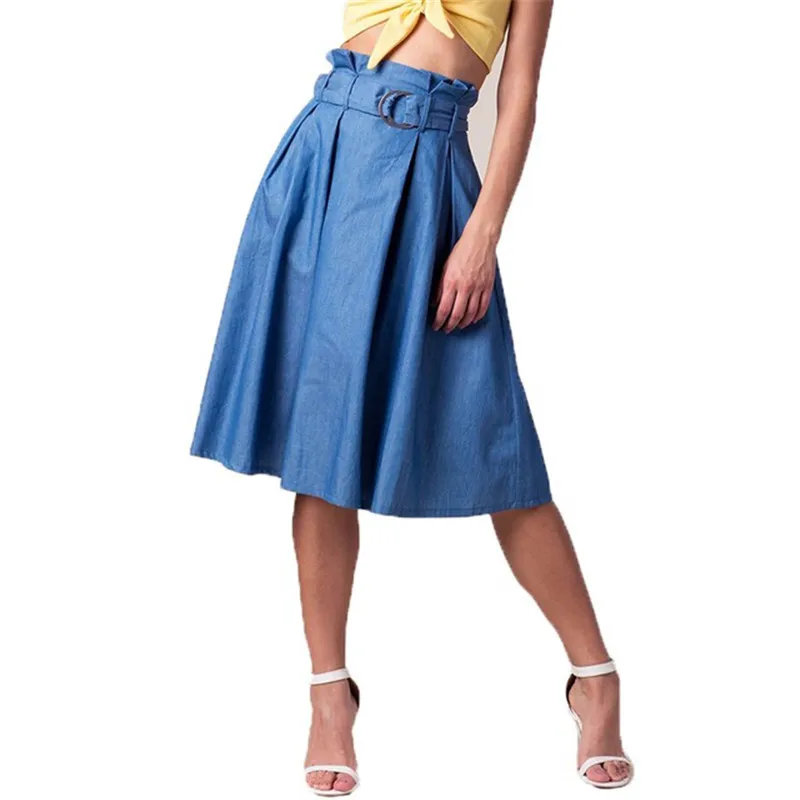 

lovepeapomelo Retro High Waist Belt Pleated Skirt 2018 Women Summer Casual Solid Denim Skirt Female Midi Jeans Skirt D403