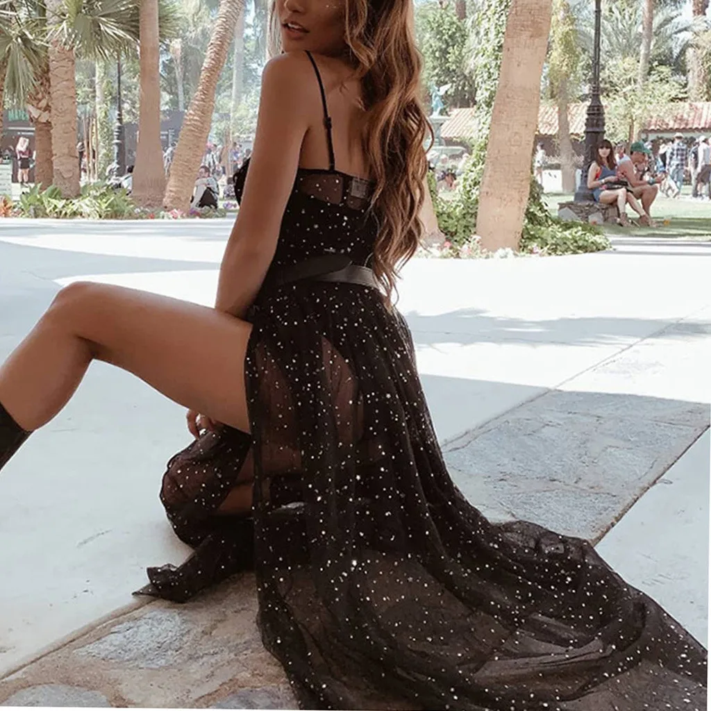 

Mesh Perspective Black Dress Summer Women Sexy Stars And Moon Printed Long Dress Spaghetti Strap High Split Vacation Dress Robe