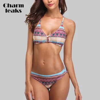 Charmleaks Women Bikini Set Vintage Floral Print Back Cross Swimwear Bandaged Sexy Bikini Swimsuit Padded Beachwear braided strap detail floral bikini set