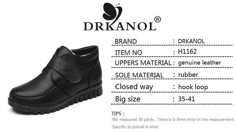 DRKANOL Fashion Genuine Leather Round Toe Women Snow Boots Winter Flat Ankle Boots Women Cotton Shoes Plush Warm Botte Femme