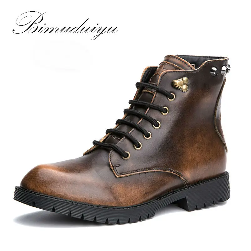 BIMUDUIYU обувь; сезон осень-зима; тонкие зимние плюшевые кожаные мужские ботинки с заклепками; винтажные повседневные мужские ботинки в байкерском стиле; Botas; большие размеры