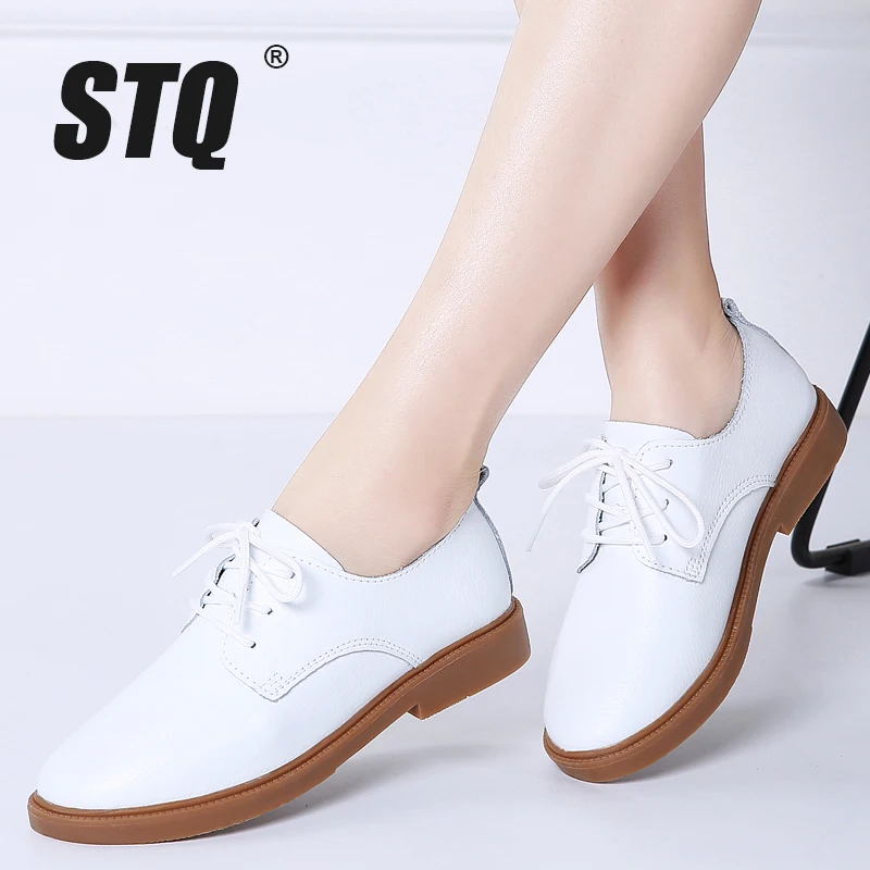 

STQ 2019 Autumn Women Loafers Comfort Genuine Leather Flats Shoes Lace Up Woman Moccasins Oxfords Work Shoes Free Shipping 838