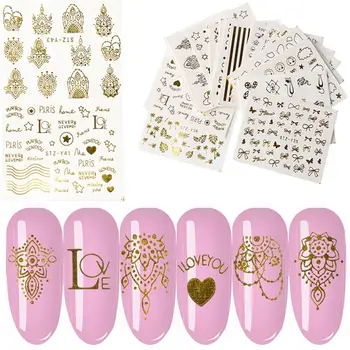 

16PCs Geometric Gold Letters Nail Art Sticker Metallic Flower Foil for UV Gel Polish Slider Decal Adhesive Manicure DIY Decors