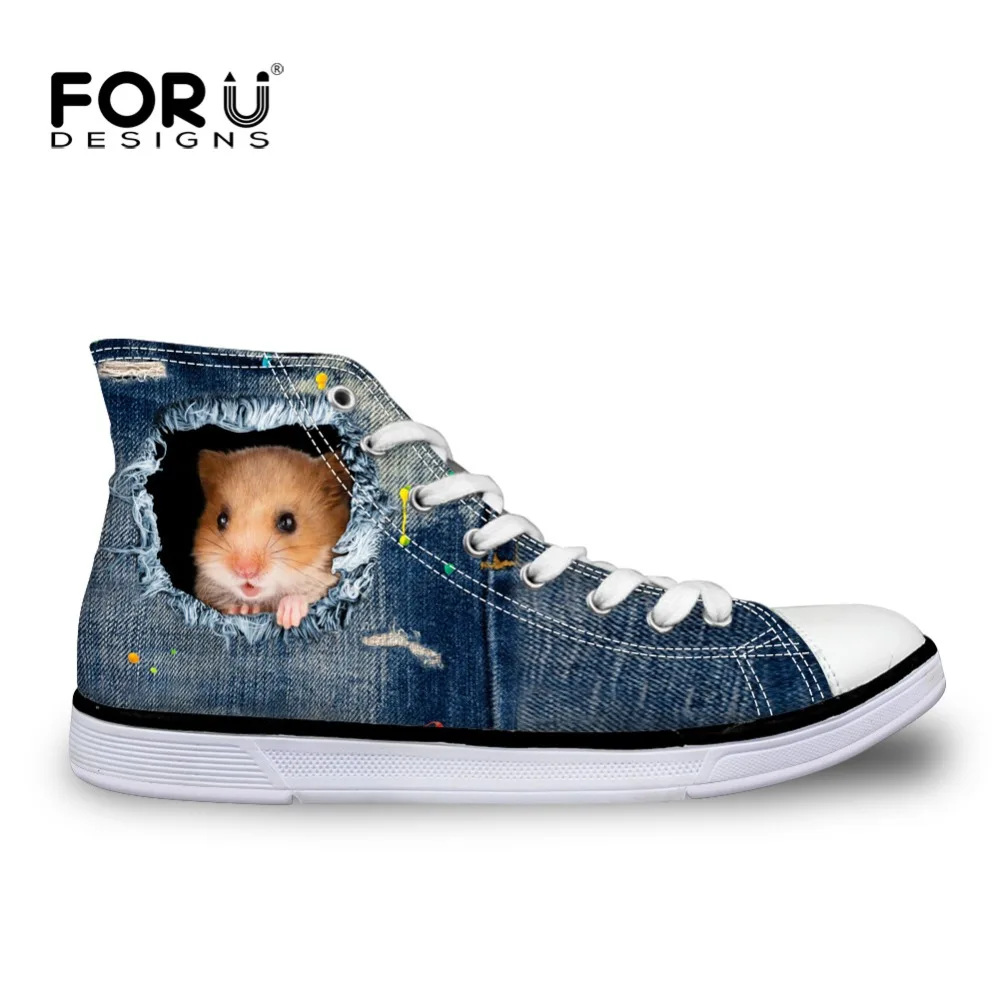 FORUDESIGNS/джинсовая парусиновая обувь с высоким берцем для девочек-подростков; женская повседневная обувь с милым принтом кота; обувь с животными синего цвета; Chaussure Femme