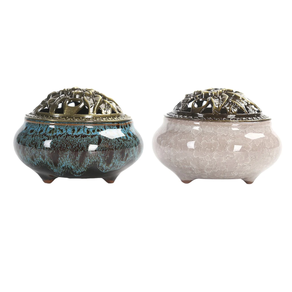 2x Vintage Chinese Ceramic Incense Burner Holder Buddhist Cones Coil Spiral Censer Ash Catcher Bowl with Alloy Cover