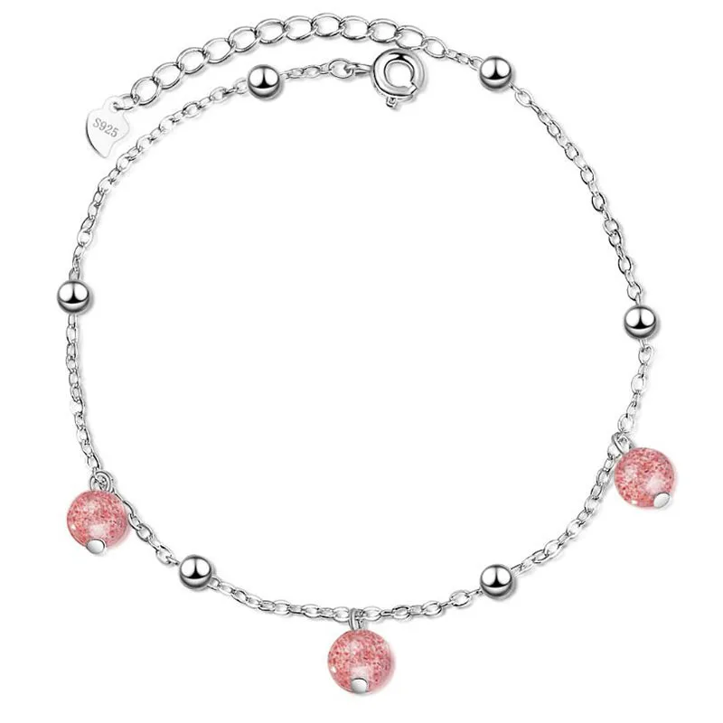 Summer Fashion 925 Sterling Silver Chain Anklets For Women Beach Party Crystal Pink Beads Ankle Bracelet Foot Jewelry Girl Gifts | Украшения