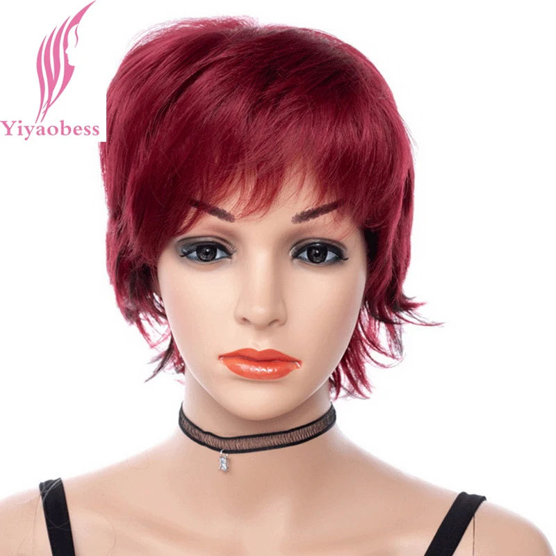 Yiyaobess 8inch Black Highlights Hair Short Red Wig Synthetic