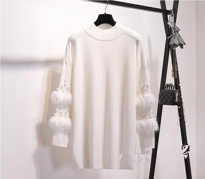 New Faux Fur Embellished Sleeve Sweater Long-sleeve Jumpers with pearls Turtleneck Pull Casual Pullovers Jersey Mujer Invierno New Faux Fur Embellished Sleeve Sweater Long-sleeve Jumpers with pearls Turtleneck Pull Casual Pullovers Jersey Mujer Invierno
