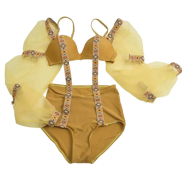 2018 New Designer Mesh Puff Sleeve Bathing Suit Women Sexy Vintage