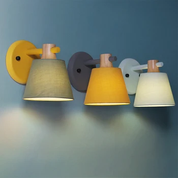 

Nordic Modern E27 LED Wood Wall Lamp Macaron Colorful Fabric Cloth Lampshade Wood Base Wall Sconce Light Fixture Home Art Decor