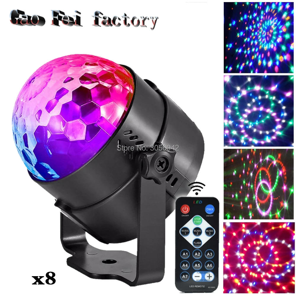 

8pcs/lot IR Remote Control Magic Crystal Rotating Mini DJ Lighting Sound Activated Stage Lights for Christmas Home Party