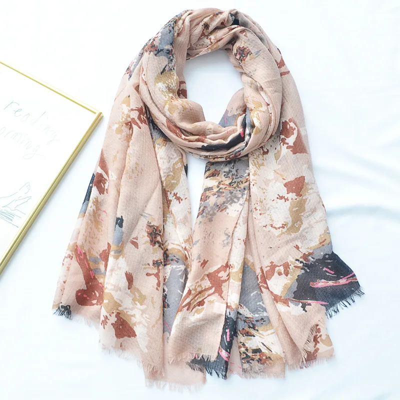 Scarf Summer Wrap Bold Line Flower Print Soft Viscose Cotton Scarves for women
