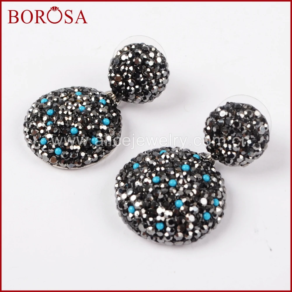 BOROSA Silver Color Round Charm Druzy Drop Earrings Handcrafted Rhinestone Pave CZ Dangle Gems Jewelry for Women JAB772 | Украшения и