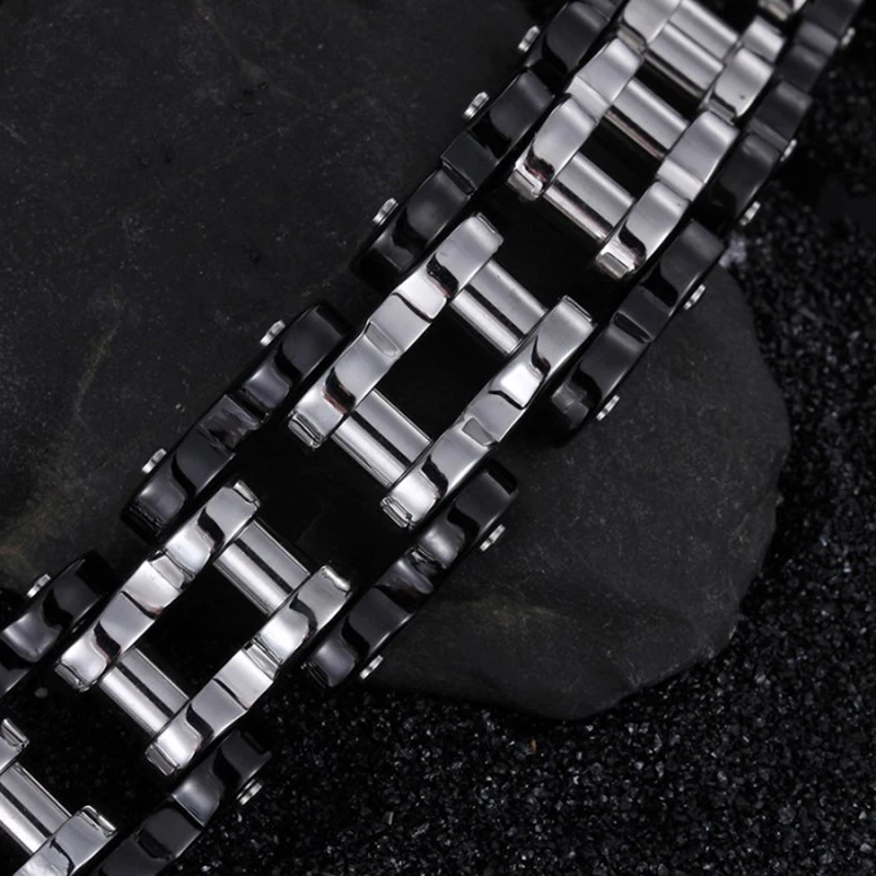 Najtaniej Punk czarna stal rower rowerowy bransoletki i bransolety łańcuch motocyklowy męska czarna bransoletka 16mm Largeu mężczyźni ze stali nierdzewnej w stylu motocyklowym