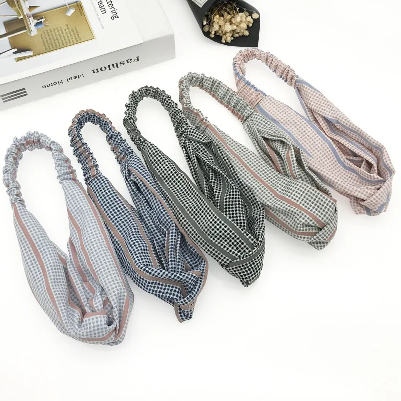 

Fashion Girls 5 colors Stripe Band Cross Plaid Turban Elastic Headband 1pc Women Cotton Fabric Hair Accessories
