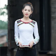 Новая Осенняя футболка с круглым вырезом и вышивкой в национальном стиле