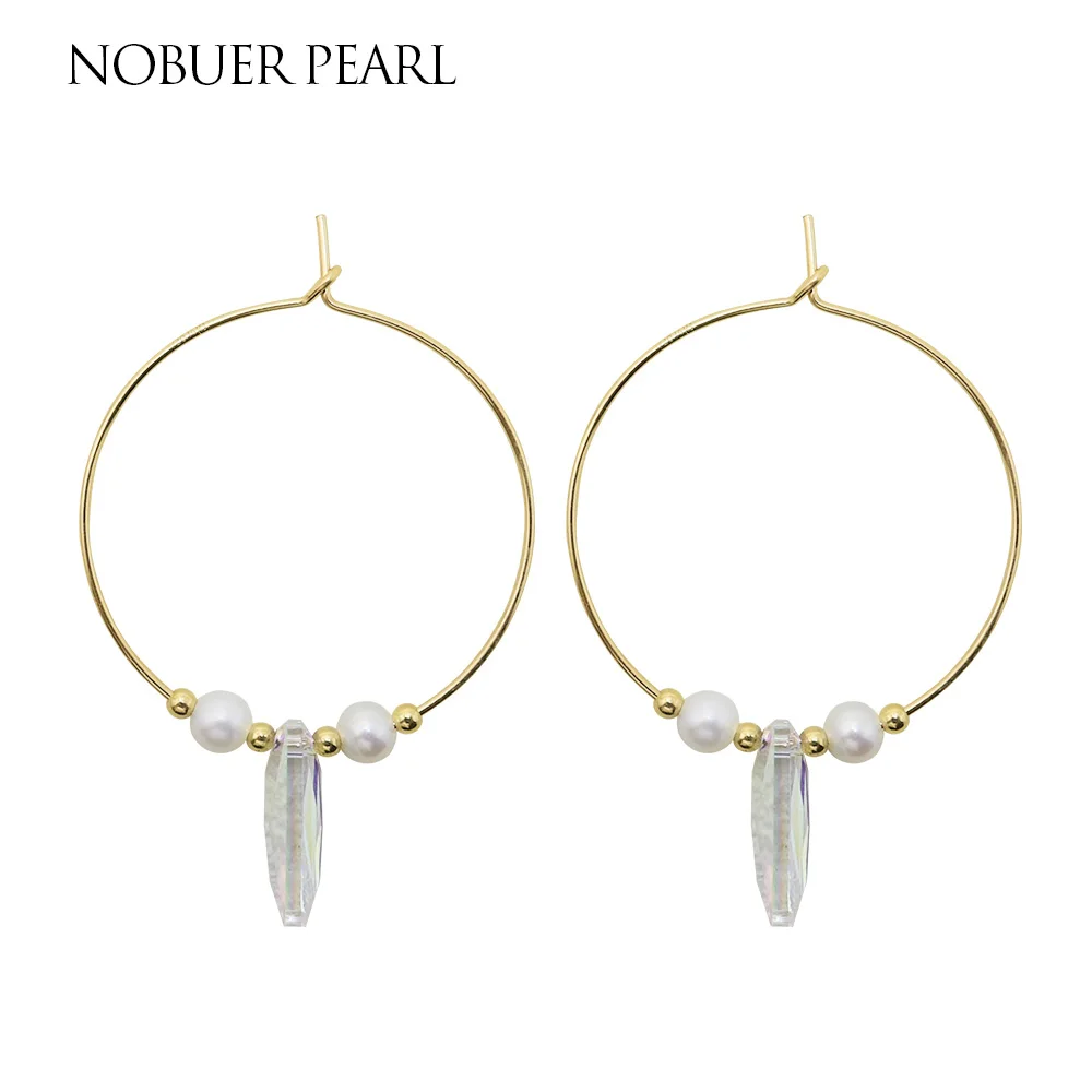 

Nobuer Handmade Trendy 14KGF Pearl Hoop Earrings For Women With White Near Round Pearl Transparent Crystal Pearl Earrrings