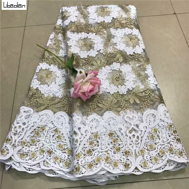 

African Net Flower White&Gold Embroidered Tulle Lace With Stones Beads 2019 High Quality Nigeria Lace Fabric 5yards DW92-28
