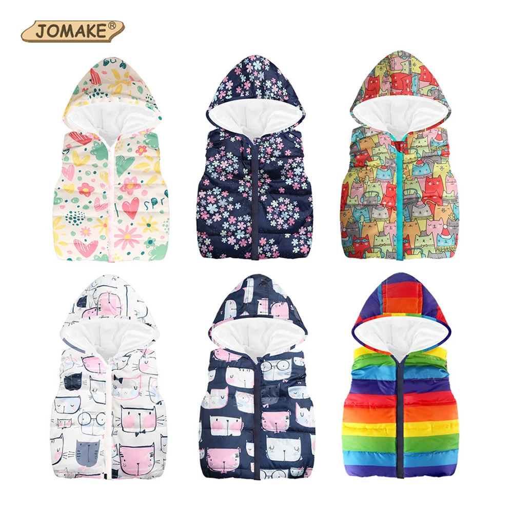 

JOMAKE Girls Vests Autumn New Fashion Cartoon Floral Rainbow Pattern Kids Waistcoat For Girl Baby Clothes Children Warm Coats