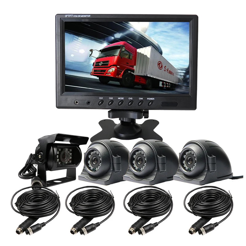 

Free Shipping 12-24VDC 4Pin 4CH 9 inch Color Quad Split Car Monitor + 4pcs Rear Front Side View IR CCTV Car Camera for Truck Van