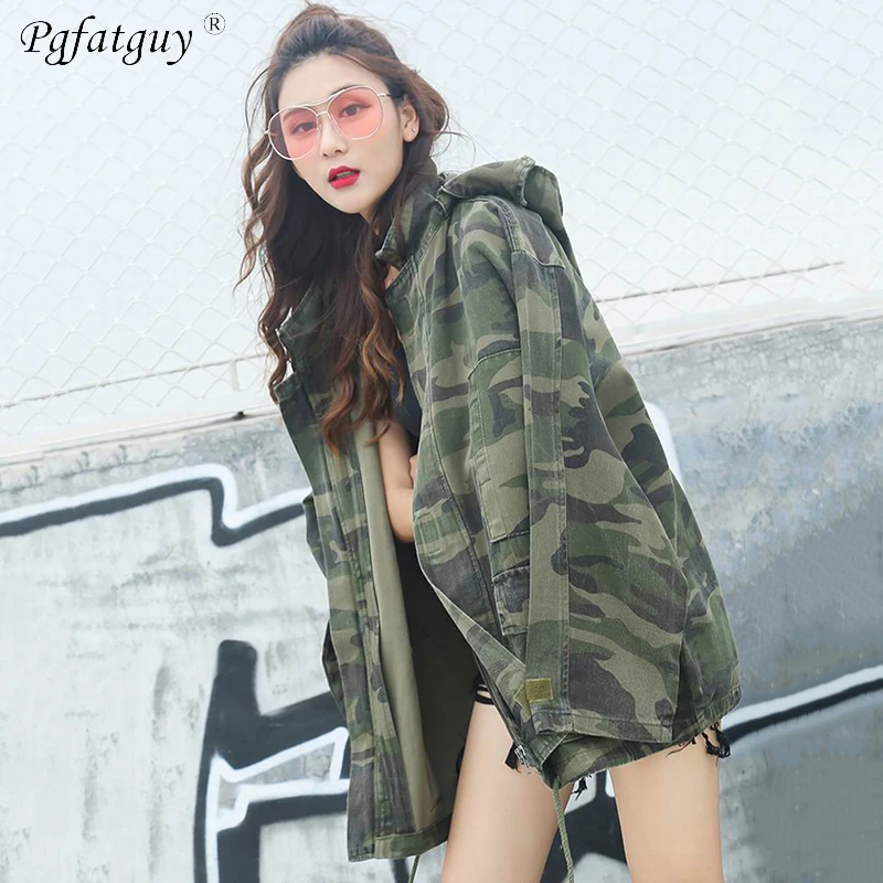 

2019 Autumn Women Camoufalge Green Loose Slim Hip Hop Lady Hooded Denim Jackets Military Female Zipper Femme Outwear Jean Coats