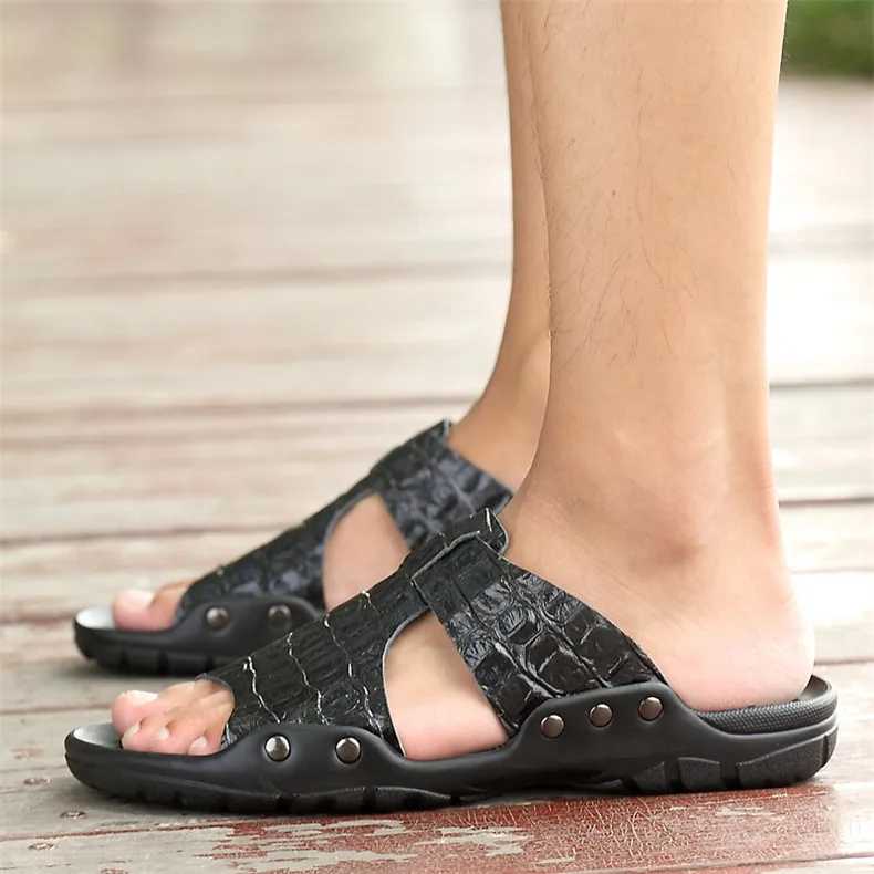 Тапочки из натуральной кожи; мужские летние сандалии; дышащие; QIYHONG; брендовая дизайнерская стильная обувь; натуральная кожа; пляжная обувь на плоской подошве