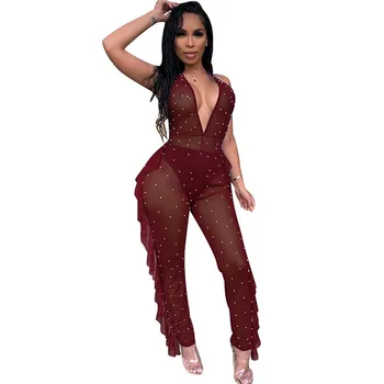 

Sexy Pearls Beading Sheer Mesh Jumpsuit Women Deep V-neck Halter Ruffles Open Back Night Club Party Romper Female Club Overalls