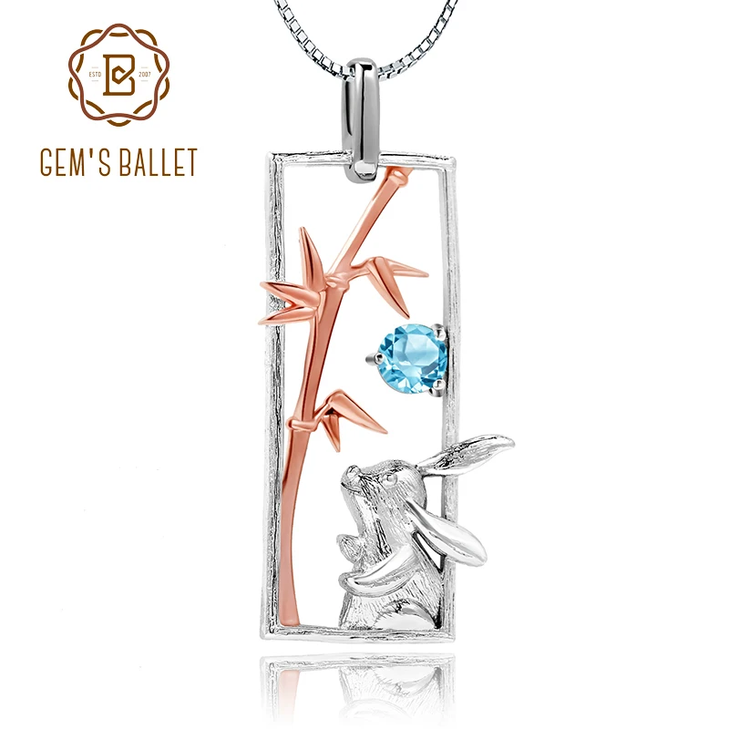 

GEM'S BALLET 925 Sterling Silver Rabbit Pendant Natural Swiss Blue Topaz 925 Rose Gold Plated Animal Necklace For Women Jewelry
