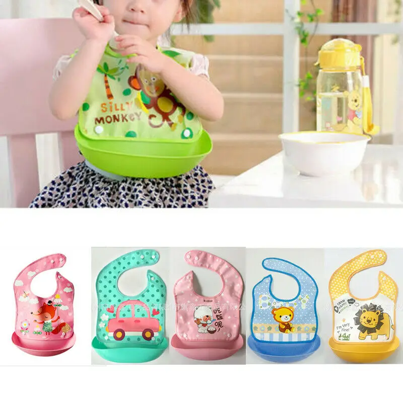 

PUDCOCO Cute Cartoon Pattern Waterproof Silicone Baby Bib Washable Roll Up Crumb Catcher Feeding Eating Babie