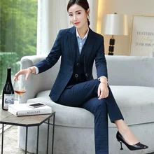 Высокое качество Формальные женские деловые костюмы 3 шт жилет, брюки и куртка наборы рабочая одежда дамы синий жилет OL стили