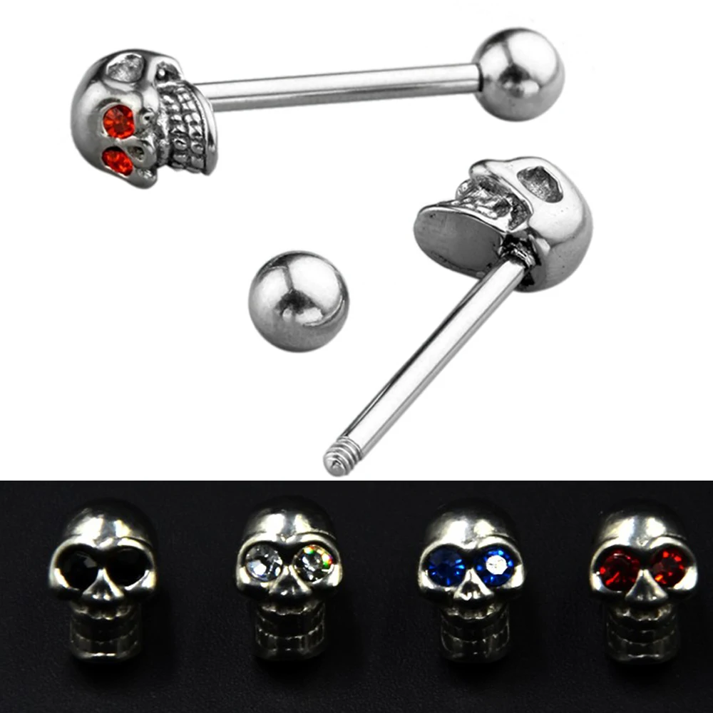 Showlove1pc Different Gem Color 14 Gauge Steel Barbell Jewelry Gemmed Skull Eye Tongue Barbell