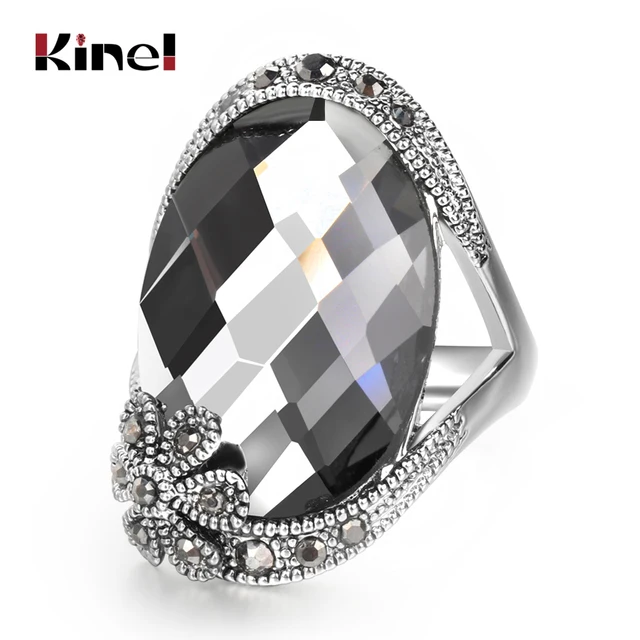 Kinel Brand Design Vintage Flower Big Gray Crystal Rings For Women Antique Silver Fashion Jewelry