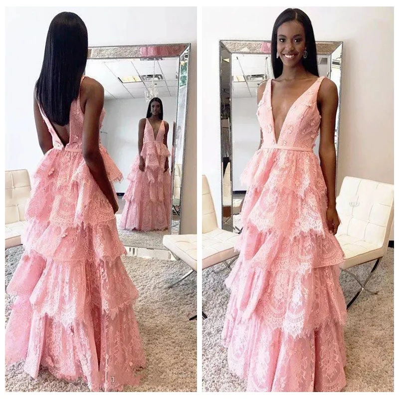 

2019 Sexy Deep V-Neck Lace Prom Party Dresses Tiered Backless Junior Girls Evening Gowns Vestidos De Soiree Quinceanera Wear