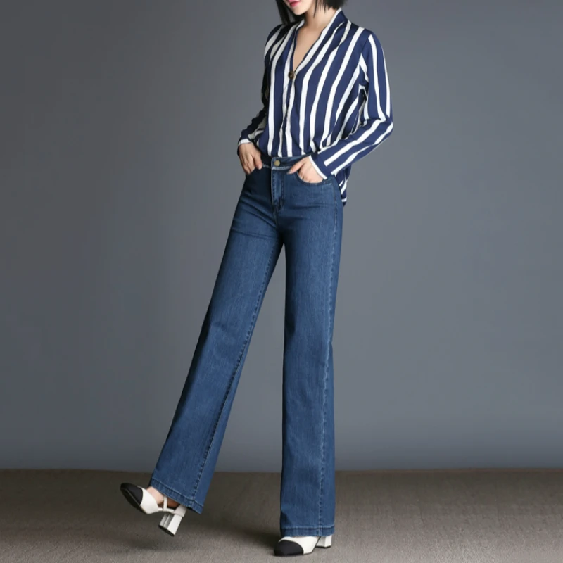 

2018 new autumn winter cotton plus size high waist loose office lady female women girls straight wide leg pants jeans 79115
