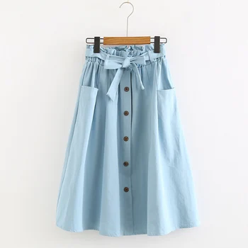 

Summer Mori Girl Small Fresh Cotton Linen Skirt Women Korean Solid Color Large Pocket High Waist Female Vestidos Skirt U107
