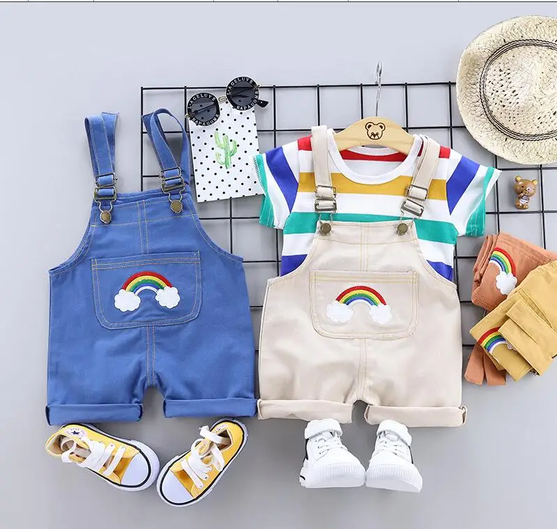 Летняя одежда для малышей, комплекты одежды для маленьких мальчиков и девочек, полосатая рубашка, радужные шорты, Детский Повседневный костюм