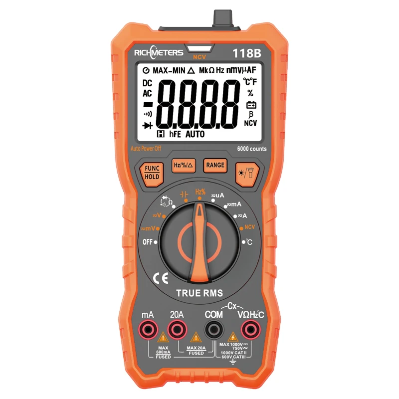 RM118B 20A Цифровой мультиметр автоматический диапазон 6000 отсчетов NCV True-RMS 100mF емкость магнит AC/DC Напряжение Ток температура
