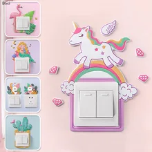 Boxi bonito animal unicórnio flamingo interruptor de luz etiqueta da parede dos desenhos animados 3d decoração do quarto interruptor luminoso tomada adesivo