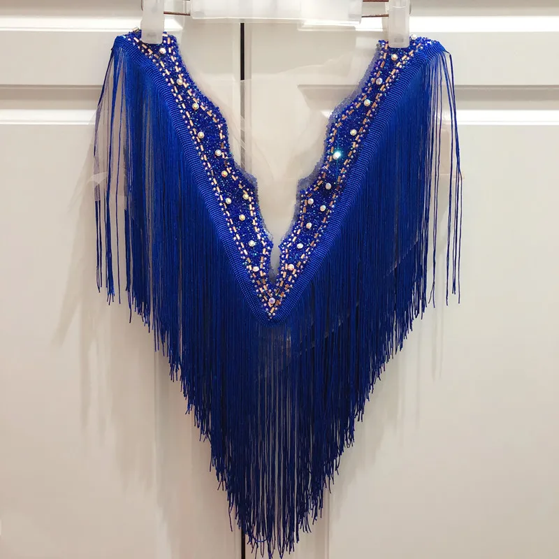 

hot sale new Blue wedding embroidered crystal rhinestone collar with tassels appliques Deep-V neckline with more fringe