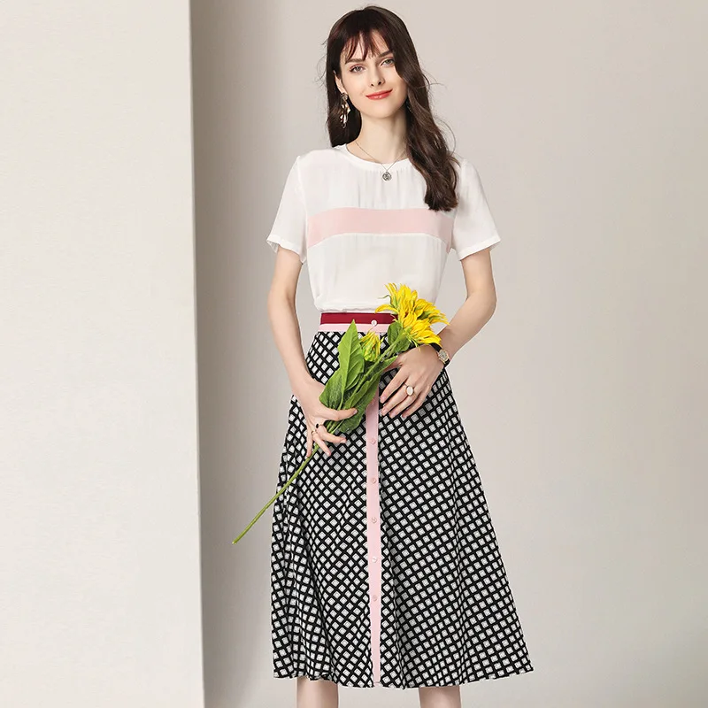 Новая летняя коллекция 2019 года, Женский Цветной Топ для отдыха + клетчатая юбка, комплект из двух предметов, комплект одежды из 2 предметов