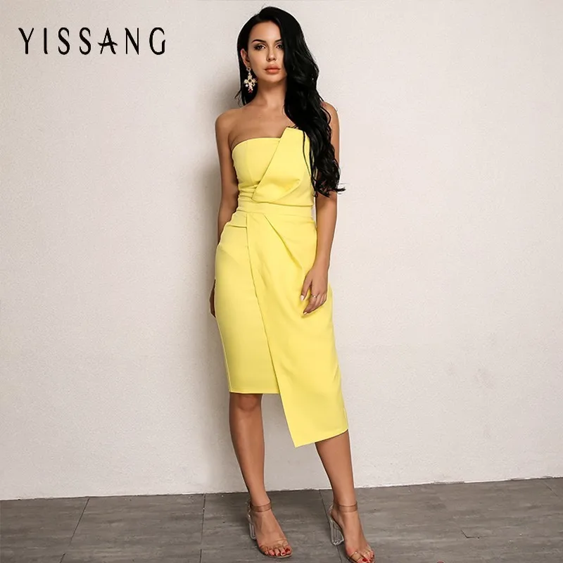 

Yissang White Yellow Fashion Dress Women 2018 Summer Off Shoulder Midi Dresses Asymmetric Sleeveless Sexy Party Bodycon Dress