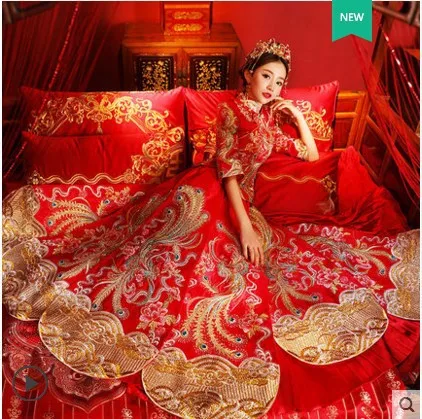 Традиционное свадебное платье, новинка, китайское свадебное платье, Женский чонсам, женское платье с вышивкой Феникса, современное платье Ципао, красные восточные платья