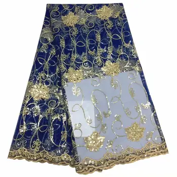 

Royal Blue Gold Sequined African Lace Fabric Nigerian Evening Dresses Sewing Fabrics 2018 High Quality Sequins Mesh For Wedding