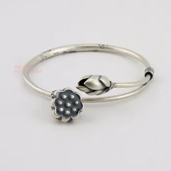 

925 Solid Sterling SIL Retro Lotus Seedpod Adjustable Bangle Heavy Bracelet 23g A2583