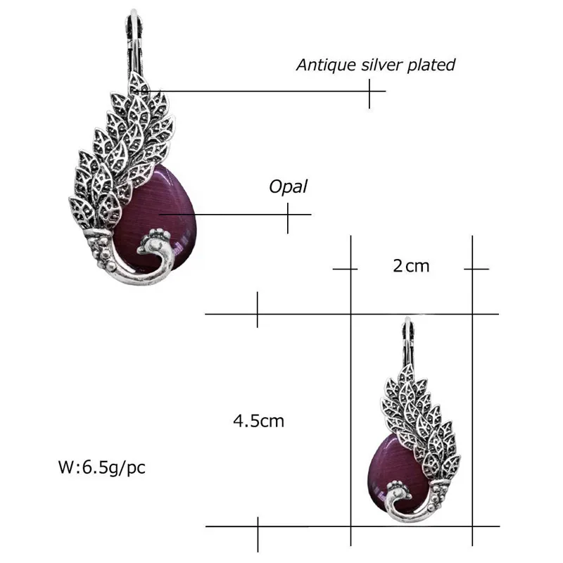 Падение прозрачные опал Павлин Серьги для Для женщин Античная Посеребренная Винтаж выглядеть личность манжеты Модные украшения