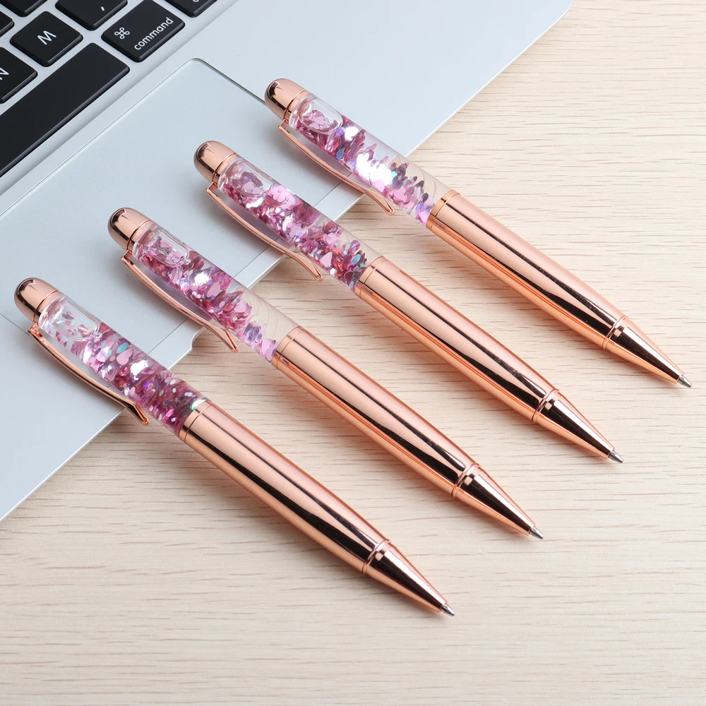 GENKKY Rose Gold Pen Kawaii luxury Crystal Ball Pens For School Office Flow Oil Crystal Gold Foil Metal Gift Pens Writing 0.7mm