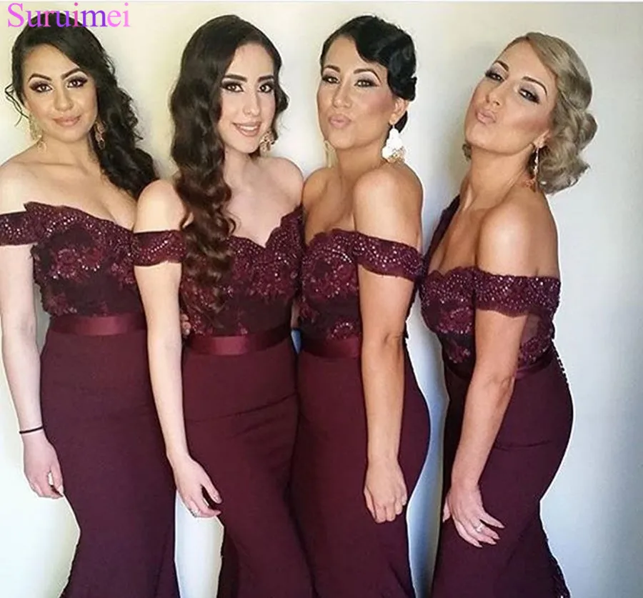 

Hot New Arrival Red Burgundy Mermaid Bridesmaid Dresses 2018 With Appliques Lace Cap Sleeves Wine Red Brides Maid Dress